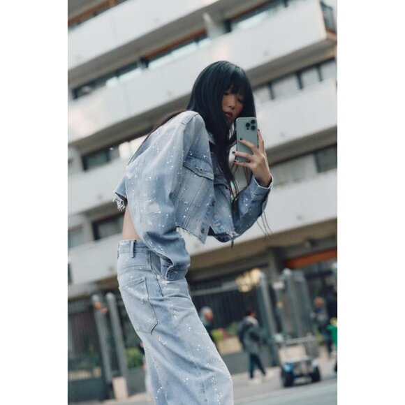 ZARA TRF STRASS CROP DENIM JACKET - Picture 4 of 9